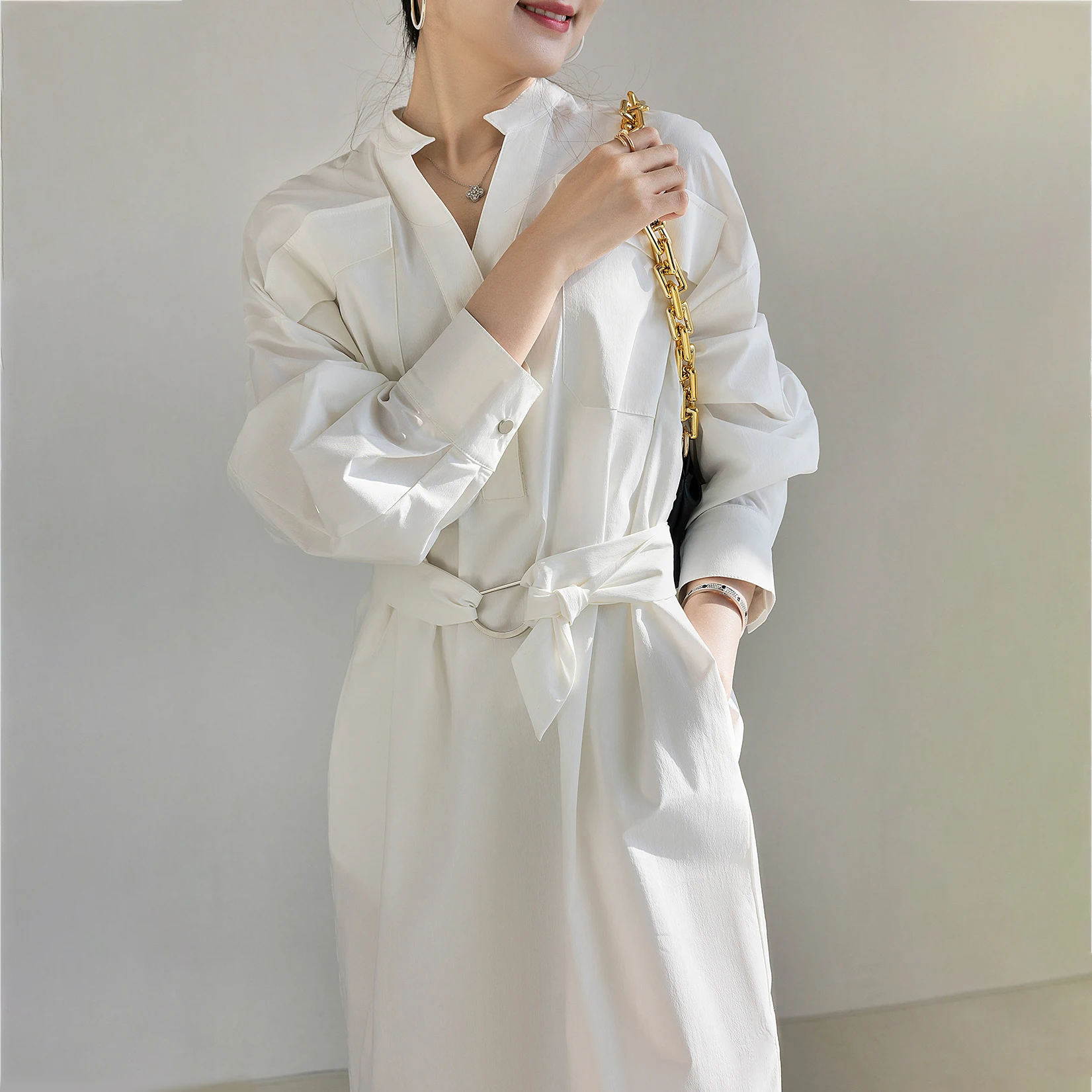 Women Casual Loose Fit Long Shirt Long Sleeves Office Dress Woven Simple Natural with Sashes Midi Everyday Soft Hand Feel Cotton