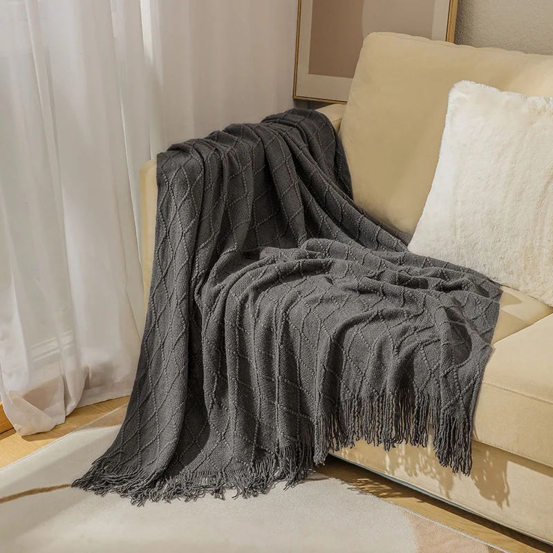 Custom 100% Acrylic Knitted Luxury Knit Super Soft Decorative Blanket with Tassels Throw Blanket
