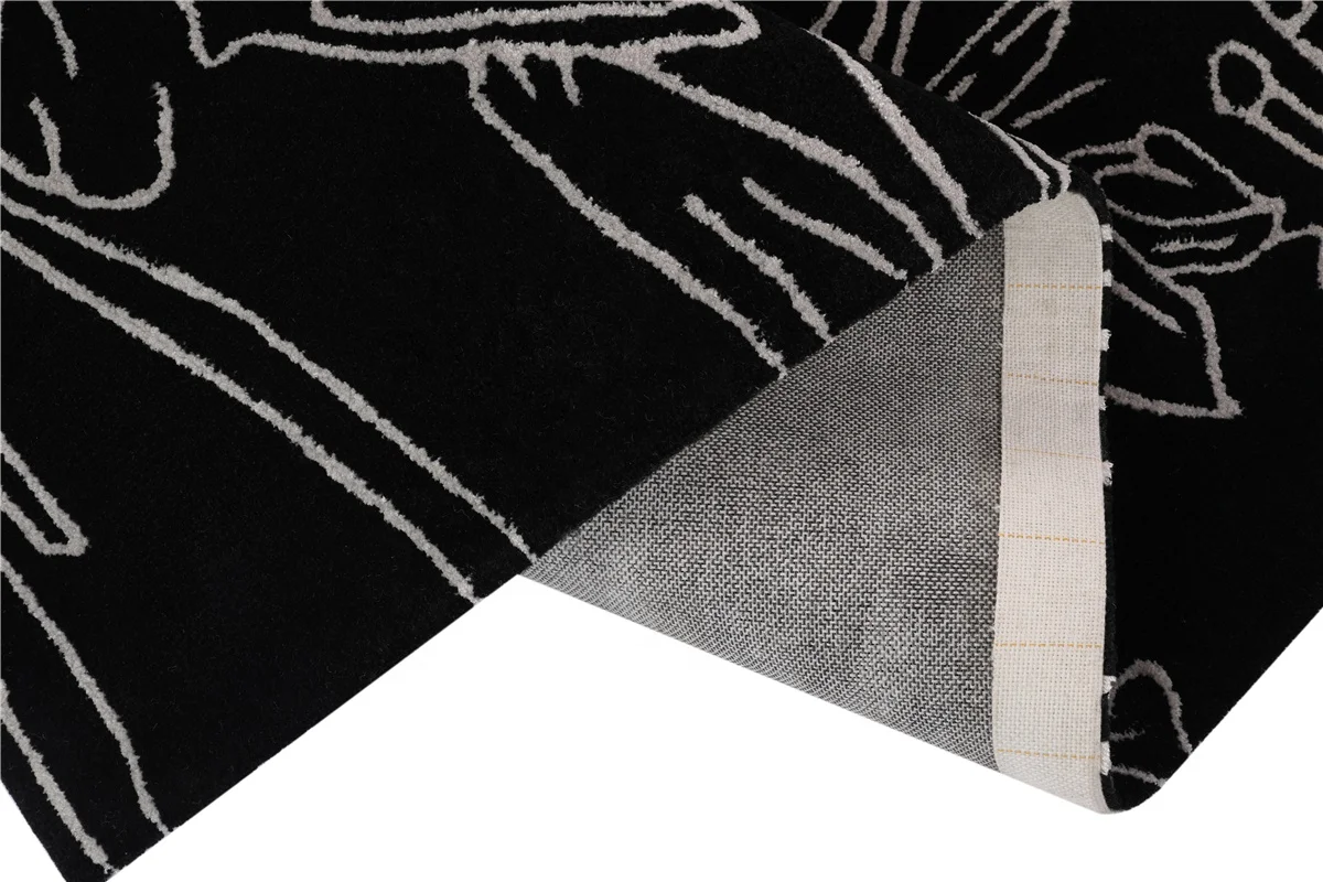 Chinese Floral Luxury Black and White Rug Acrylic Silk Floor Carpet