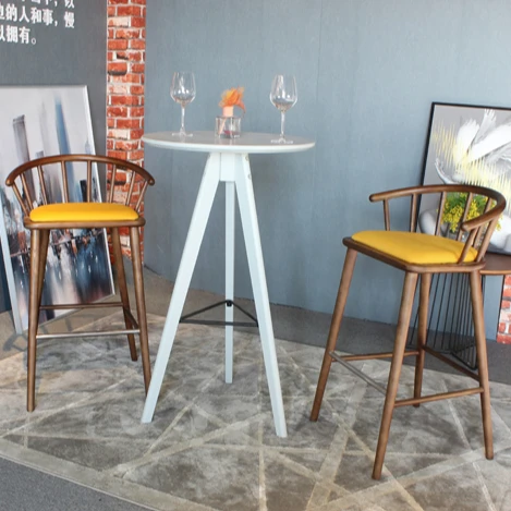 Nordic Modern Restaurant Wood Bar Stools High Legs Uphostery Wooden Bar Counter Chair