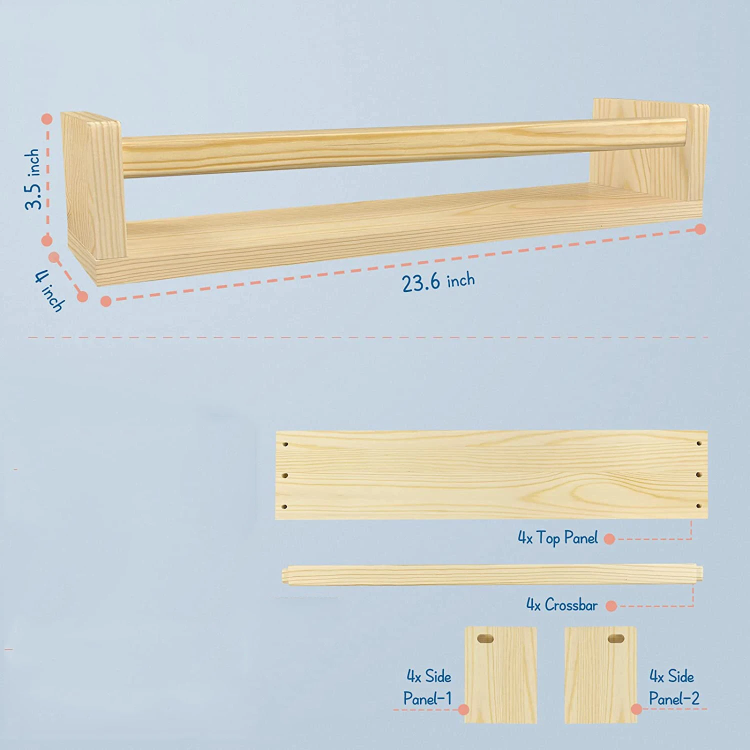 Natural Wood Nursery Bookshelves for Wall 24 Inches Long Floating Book Shelves Wall Mounted Bookcase for Teen Girl Boy Kids Room