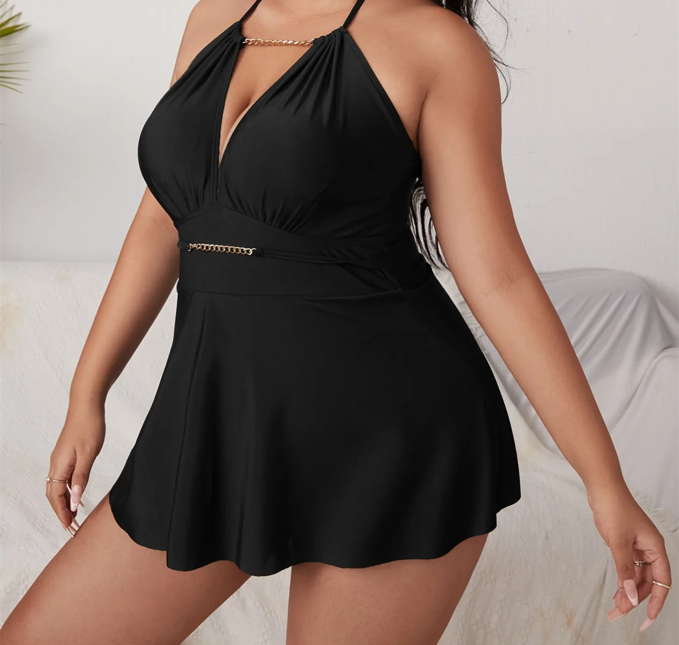 DAMOCHIC Custom Logo Wholesale Swimwear 1 Piece Black Halter Lace-Up Fat Women Beachwear with Skirt Plus Size Swimsuit 2023 OEM