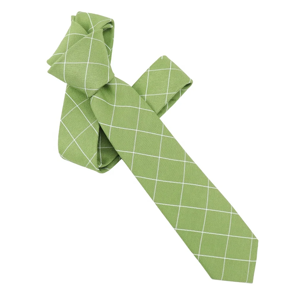 Wholesale Green Cotton Woven Jacquard Plaid Necktie Customized Label Students Slim Skinny Neckties