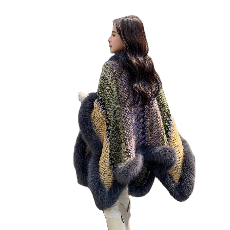 W0022 Luxury ladies faux fur collar shawls cloak thick cashmere women scarf Arabic shawl custom women clothing