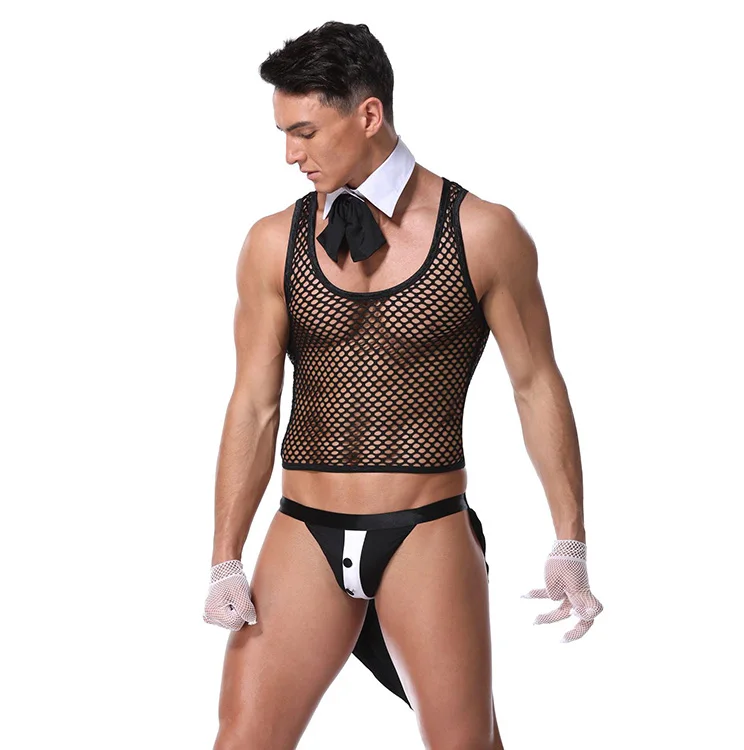 New Hot Sale Black Mesh Hollow out Transparent Costume Sexy Men Bondage Lingerie