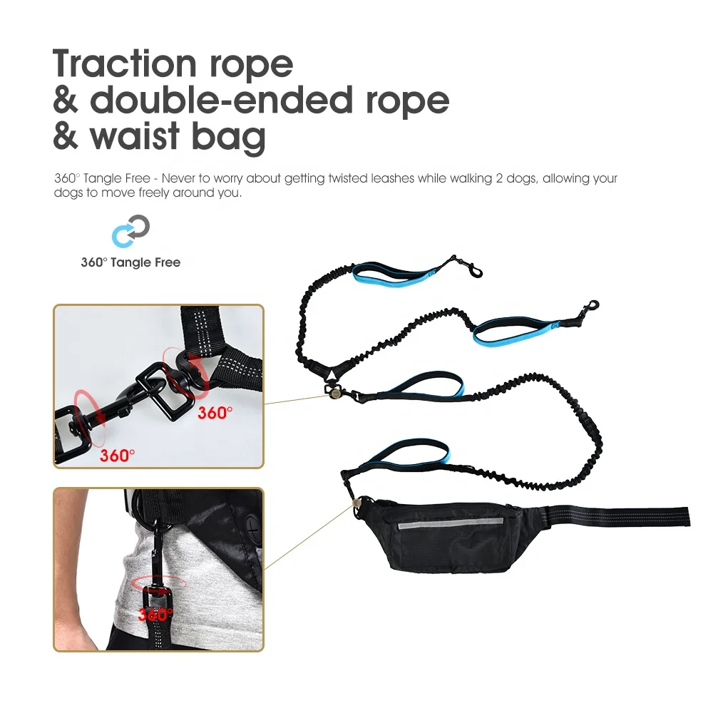 Dropshipping Hands Free Waist Bag Shock Absorption Reflective Retractable Double Pet Dog Leash