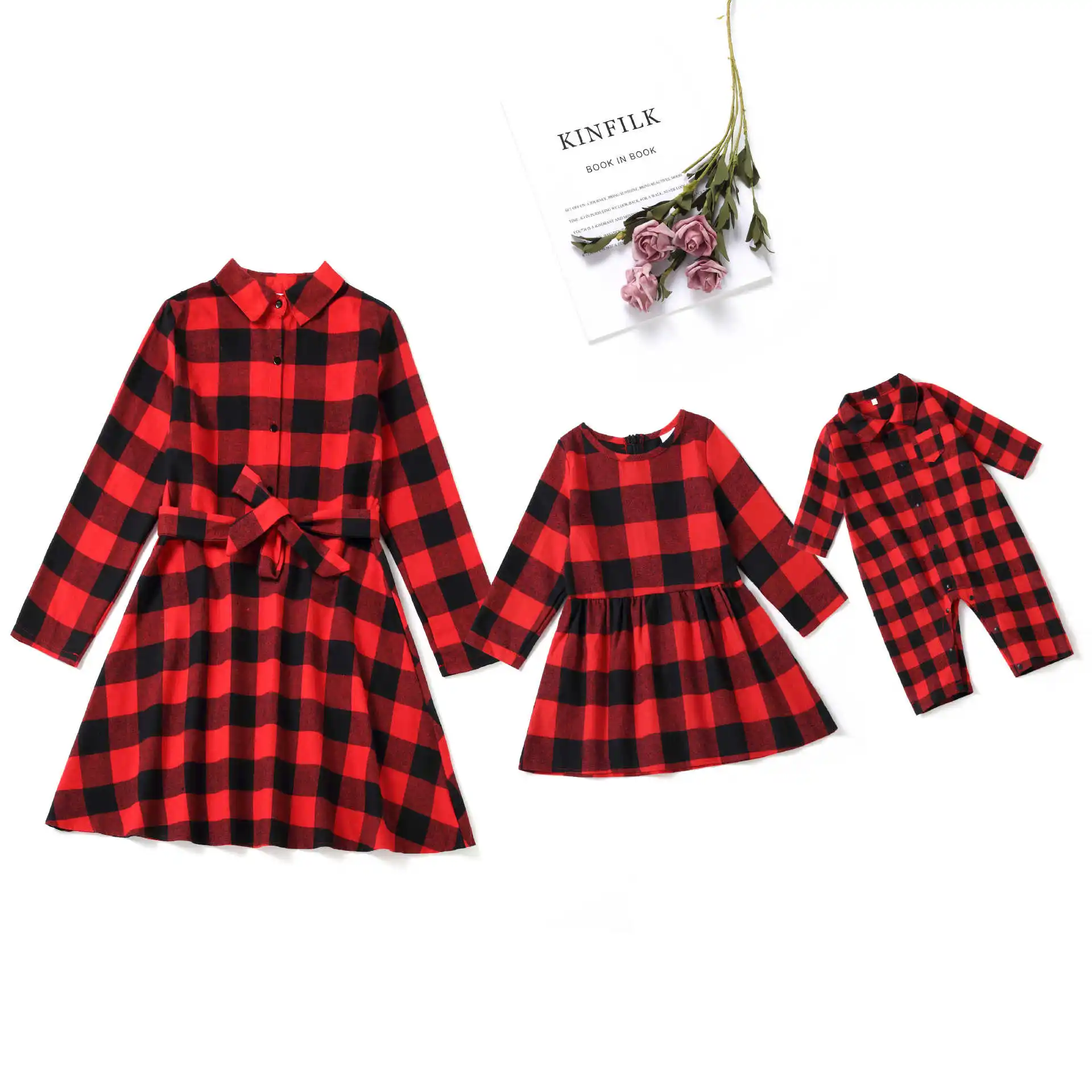 2024 High Quality Wholesale Fall Red Black Plaid Long Sleeve Dress for Mommy and Me with Zipper Fly and Belt Christmas Dresses