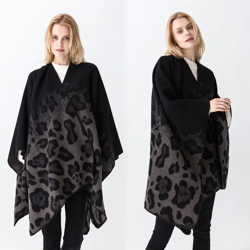 Hot sale women warm cape shawls wraps acrylic winter leopard poncho