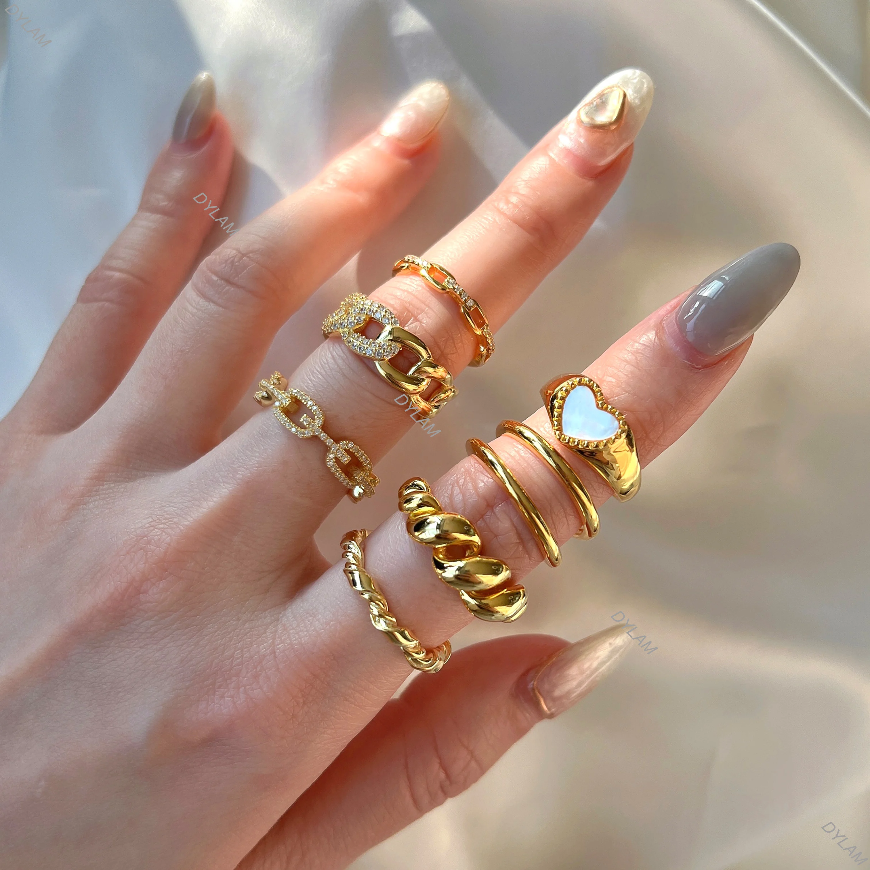 Dylam chic 18K золото 5A cz циркониевая звеньевая цепь S925 свадебное обручальное регулируемое открытое поворотное купол сердце круассаны набор серебряных колец