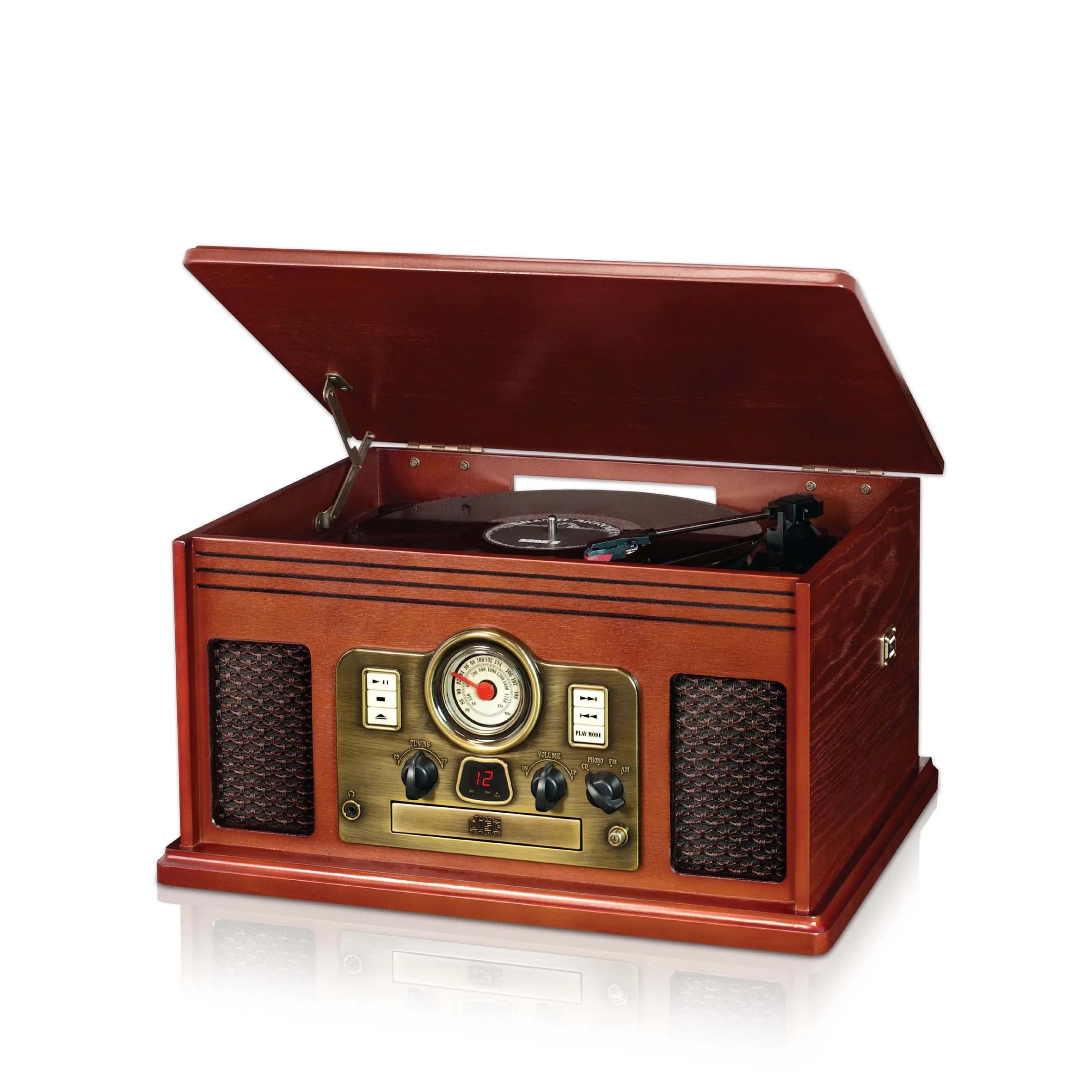 Classic retro wooden turntable  CD player AM/FM Analog Tuning music combo with Built-in Stereo Speaker