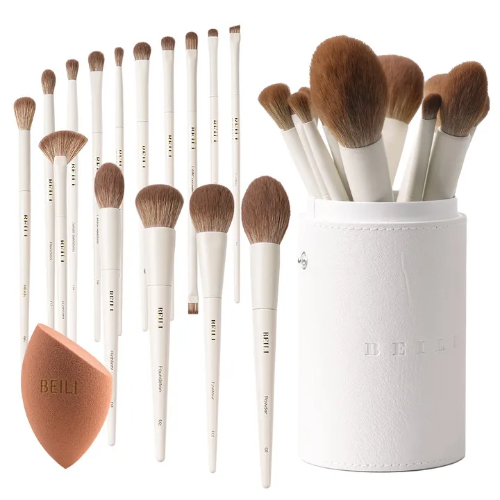 BEILI Wholesale 15pieces Professional Vegan Makeup Artist brushes Set Beige wooden handle powder blending brush set makeup