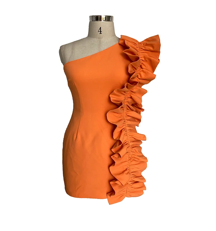 
Sexy Temperament Unilateral Auricular Ruffled Women Evening Dress Waist Hip Dress Evening / Formal Dresses Breathable Straight 