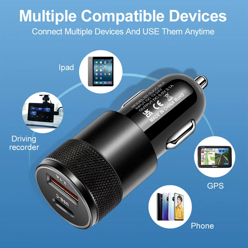 Small Steel Metal Aluminum Alloy 15W 3.1A  USB C Phone Car Charger Adapter Fast USB Car Charger