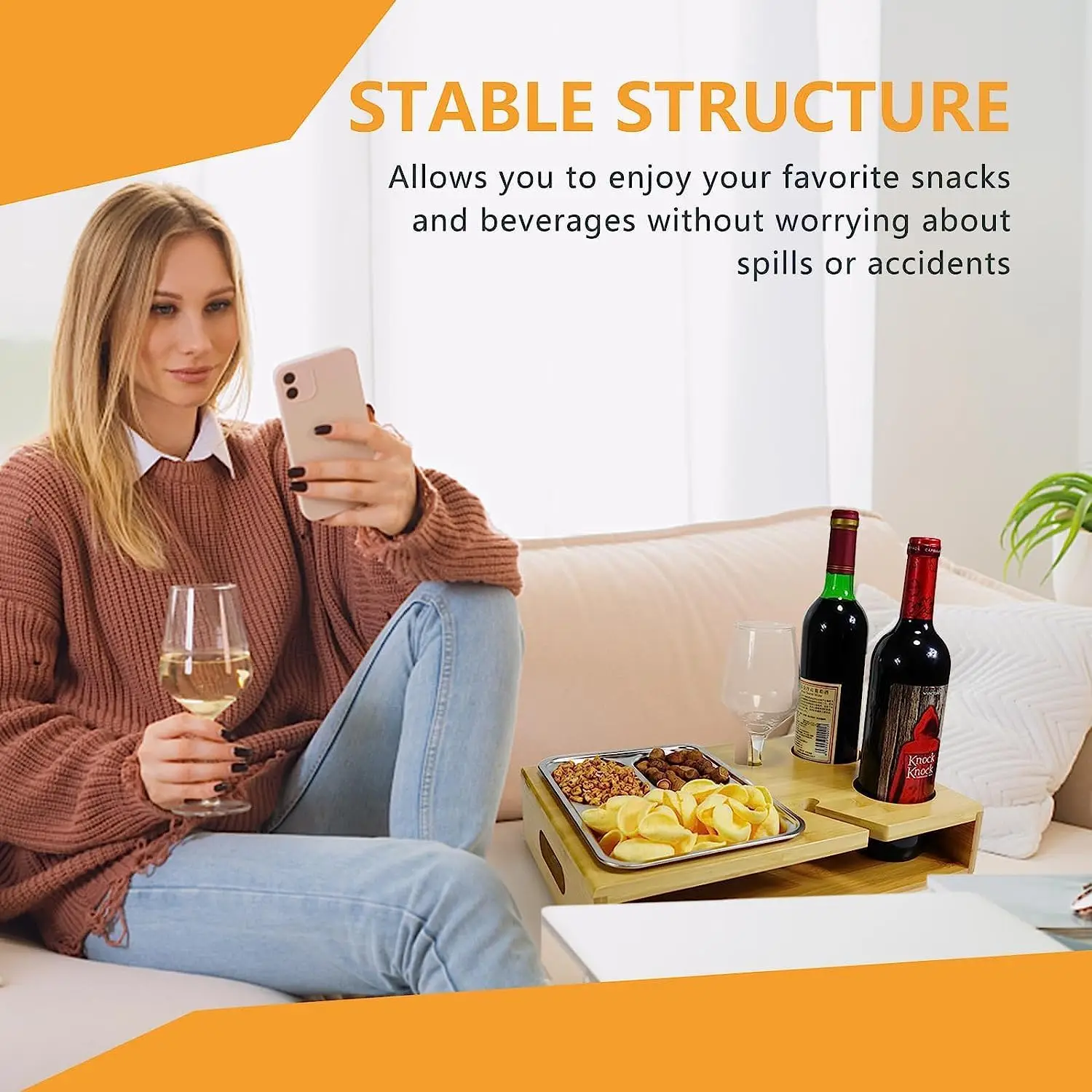 Bamboo Couch Bar Snack Box Wine Bottle Drink Cup Holder Tray Sofa Butler Organizer Caddy Buddy Couchbar Snack Couch Console