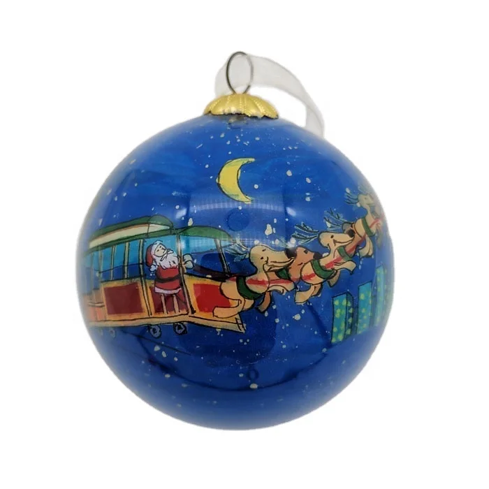 Custom Handmade Inside Painting Glass Ball 8cm Blue Round Inner Hand Painted Blown Glass Christmas Ball