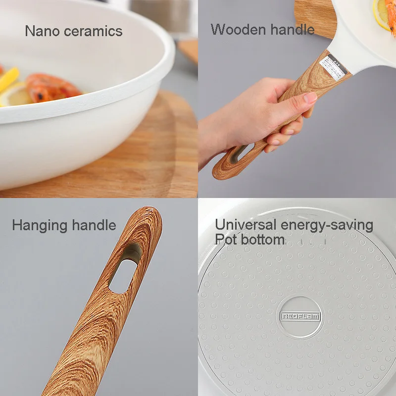 Non Stick Ceramic Enamel Frying Pan Honeycomb Wok Cookware Set Pot With Wooden Handle For Breakfast