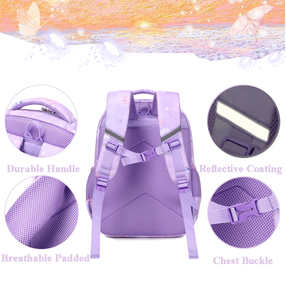 Casual 3-in-1 Purple Bead Butterfly Kids Polyester School Backpack Set Durable Waterproof Book Bag Cute Logo Teenage Boys Girls
