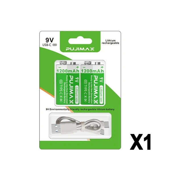 PUJIMAX New Style Type C Lithium ion Batteries 2PCS/Card 1200mAh 9V Li-ion Battery USB C 9V Rechargeable Battery For Multimeter