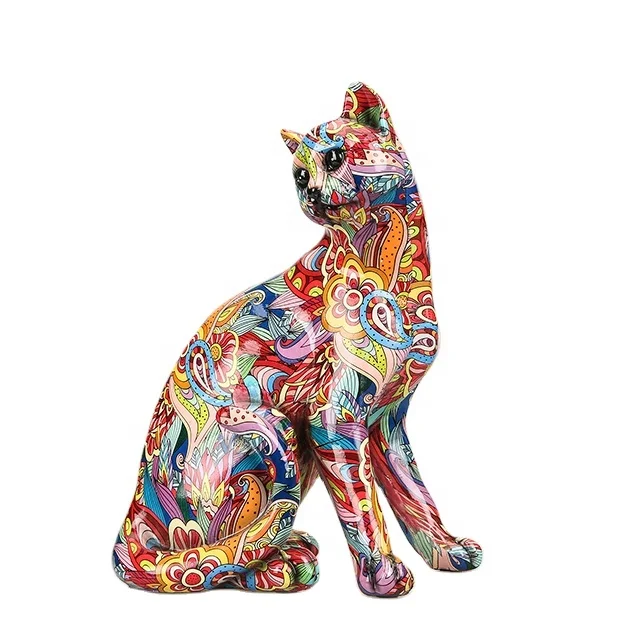 Dropshipping Polyresin Colorful Animals Statue Home Decor Art Graffiti Decal Sitting Cat Sculpture Resin Cat Figurines