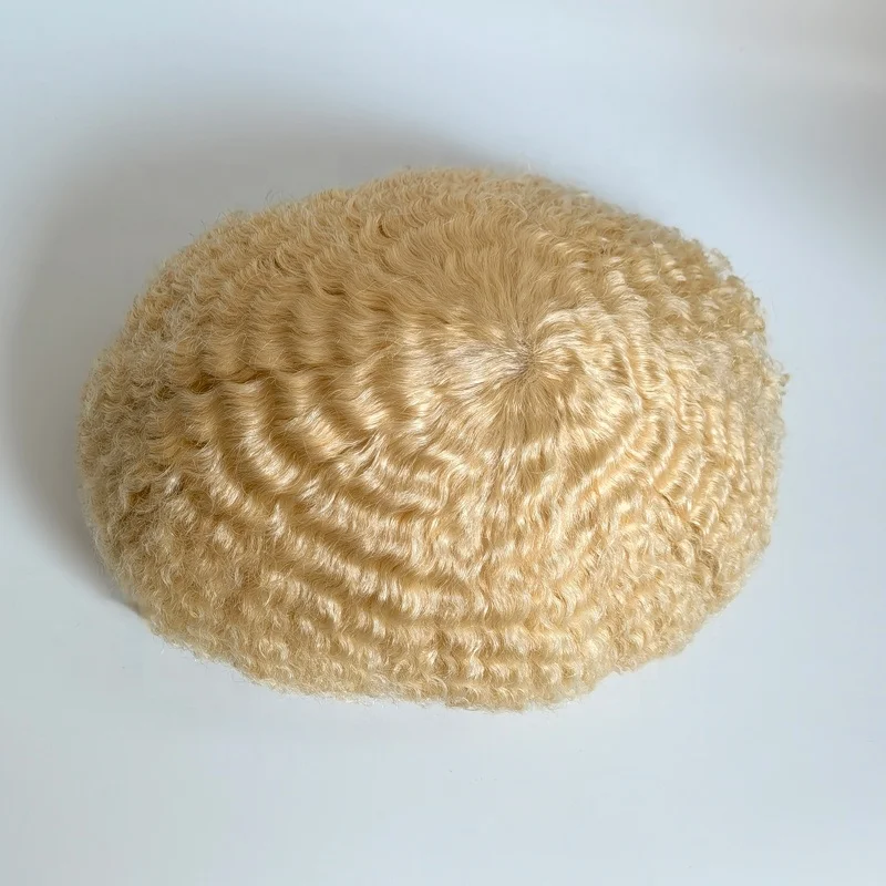 Afro Curly Wavy 6mm Wave Human Hair Full PU Thin Skin Male Blond Color 613 Men Toupee With Factory Price