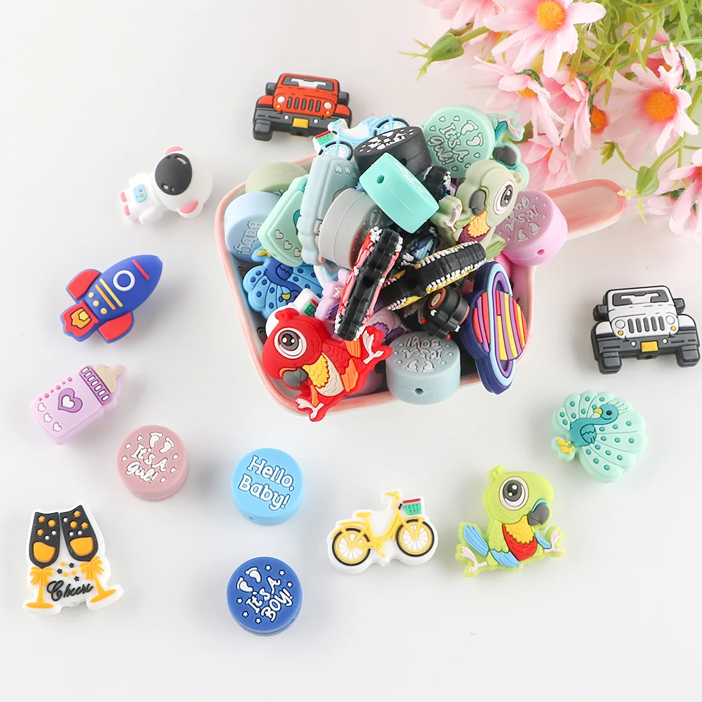 Wholesale Cartoon silicone Round Silicone Beads BPA Free Food Grade DIY Baby Pacifier Chain Jewelry Silicone focal  Beads making