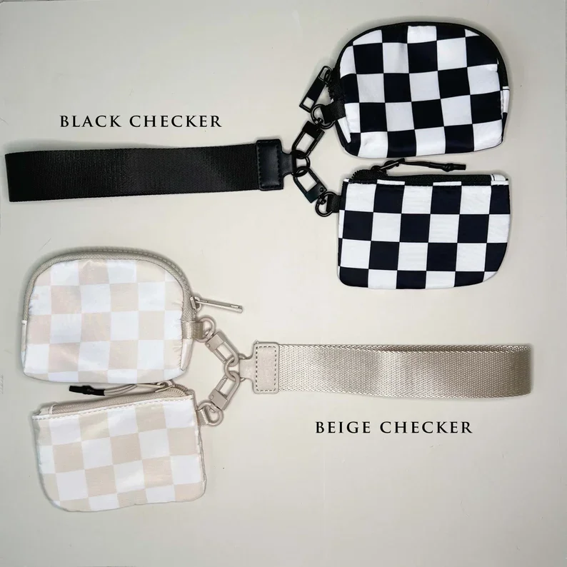 Personalized Wristlet Wallet Nylon Dual Pouch Custom Checkered Wristlet Coin Purse Ladies Mini Card Holder Gifts Keychain Wallet