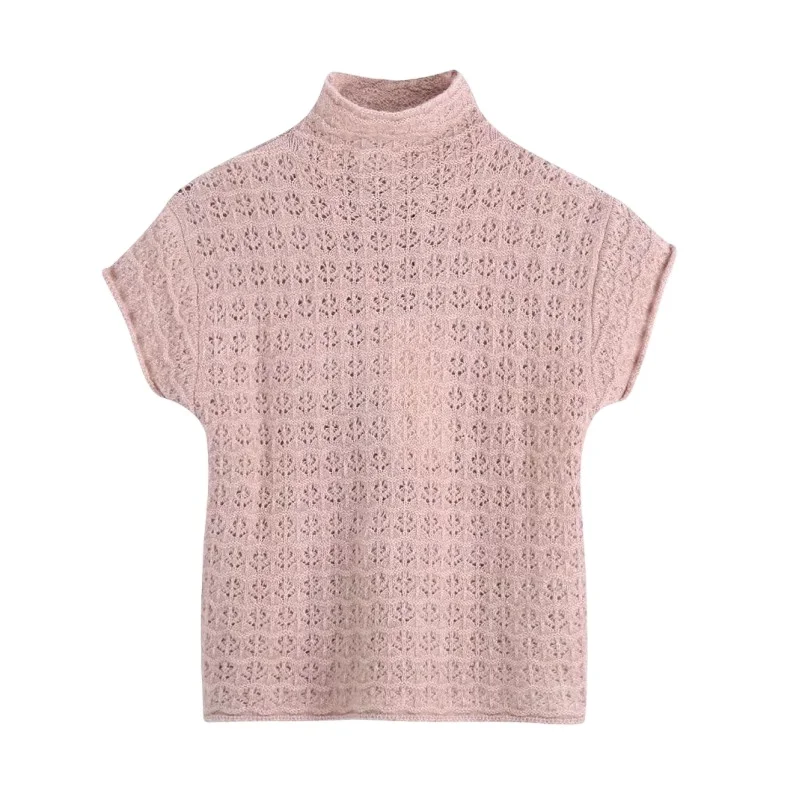 2022 spring new leisure fashion high collar short sleeve jacquard mesh knitted top sweater