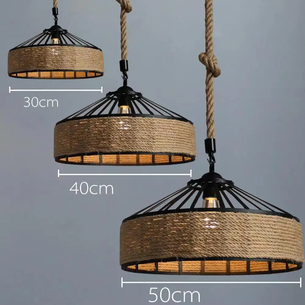 Iron Material Retro Pendant Lights E27 Base Loft Vintage Office Indoor Lighting Hemp Rope Industrial Hanging Lamps Chandelier
