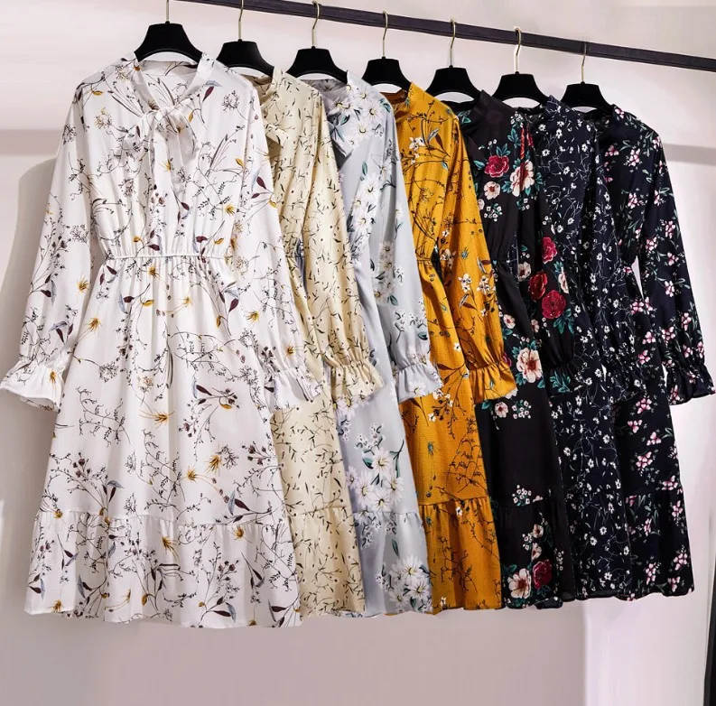 Floral Dress Girls In Stock Chiffon Long Sleeve Bohemian Fitted Waist Pleated Casual Long Dress Wholesale