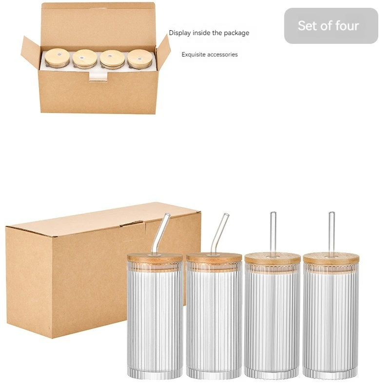 vertical grain Lid Drinking Glass Coffee 380ml Glass Cup Drinking Ribbed Clear Drinking Beverage Glass Cup With Straw