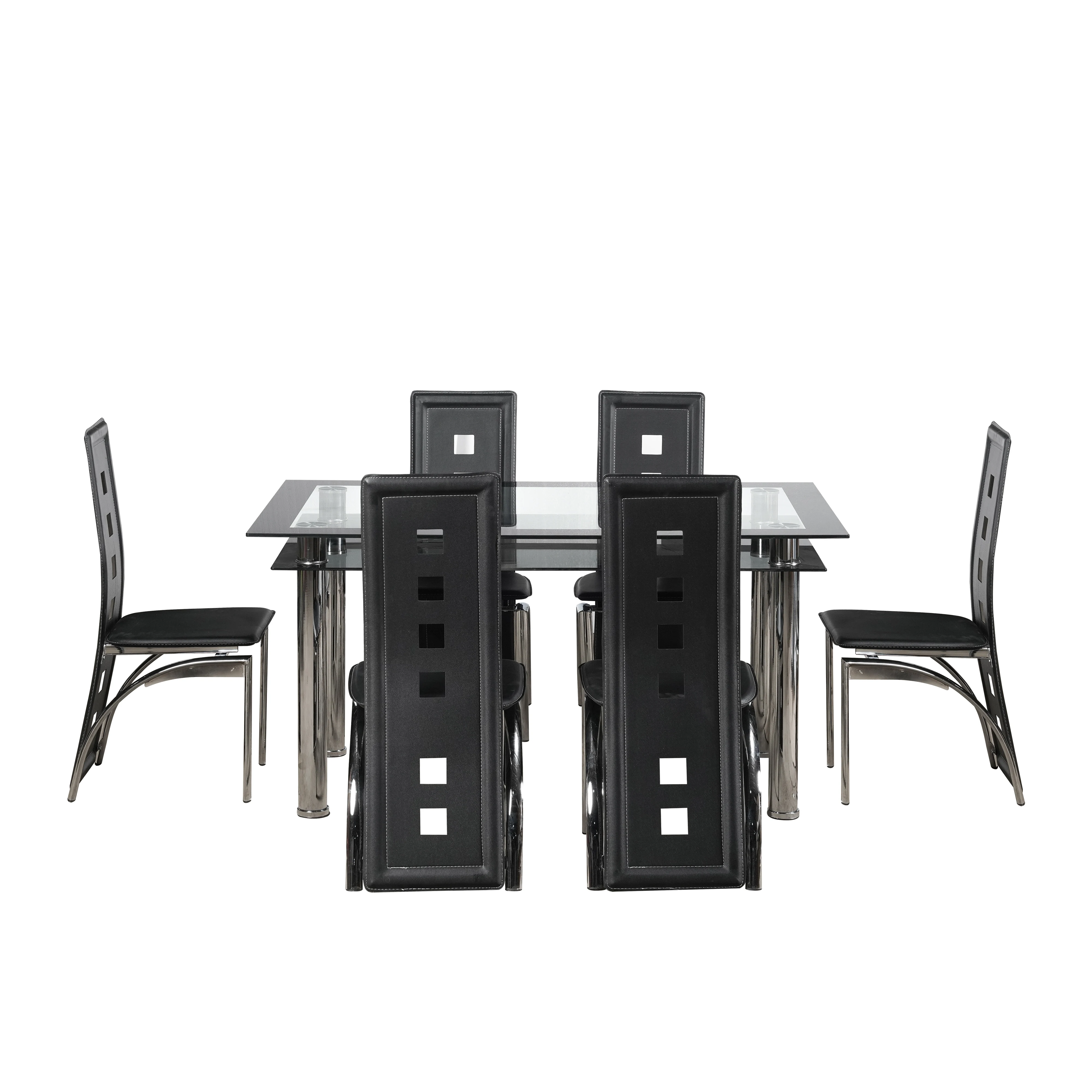 High Quality Two Level Tempered Glass with Chrome Metal Leg Dining Table Set 6 chairs For Dining Room Furniture