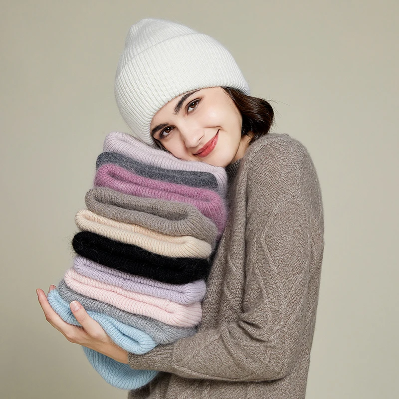 New 14 Colors Unisex Solid Color Real Rabbit Fur Beanies Winter Hat For Woman Knit Bonnet Acrylic Woman Autumn Warm Skullies