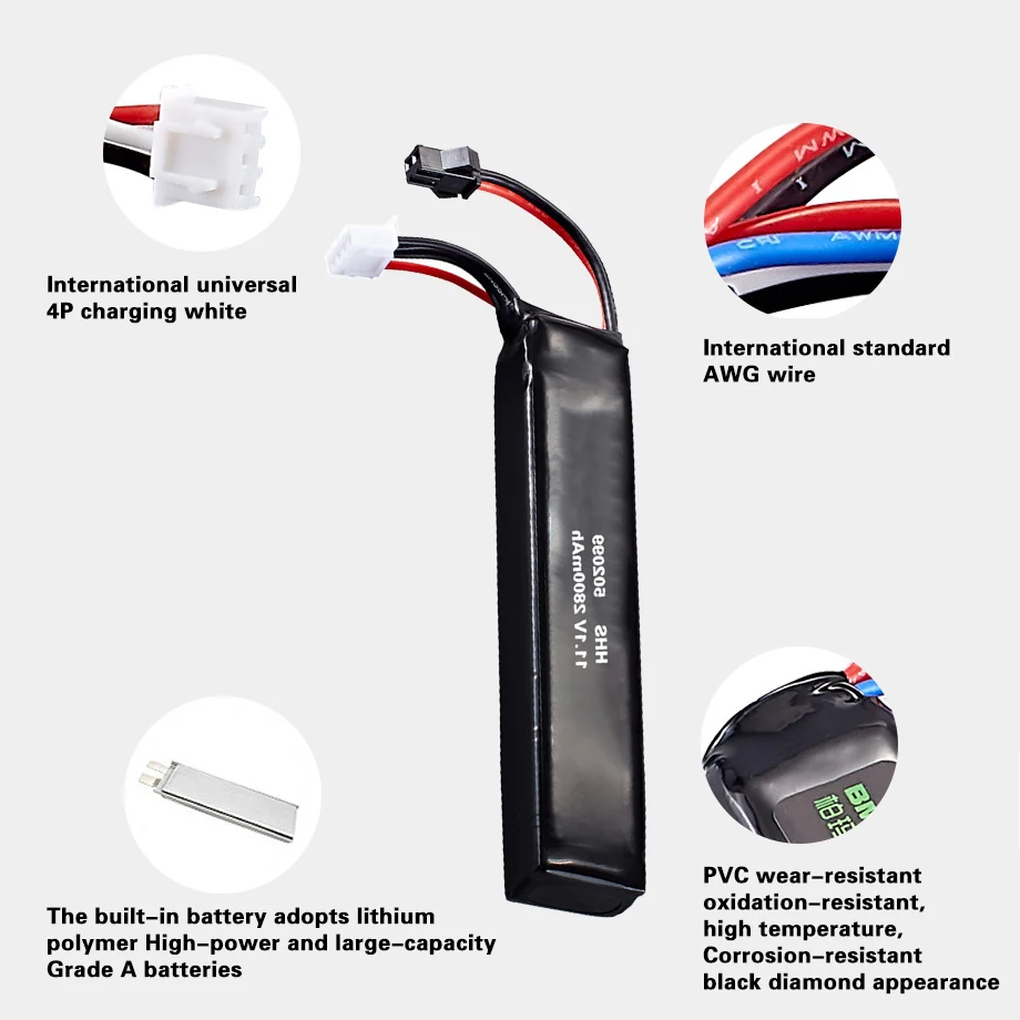Toy water gun lithium battery 7.4V 11.1V 2800mAH 2000mAH lithium battery 502099 30C discharge SM black plug lithium battery