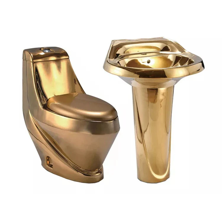 Royal vintage bathroom luxury sanitary ware golden plated toilet bowl pedestal wash basin sink ceramic gold toilet set