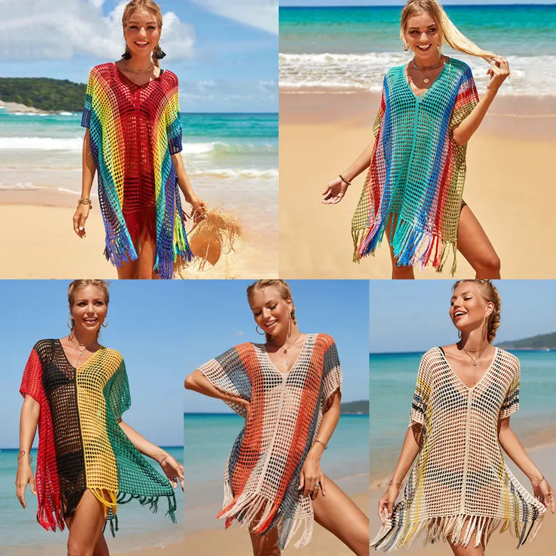American new rainbow-colored hollowed-out beach blouse seaside vacation bikini outer blouse swimsuit with sunscreen beach skirt