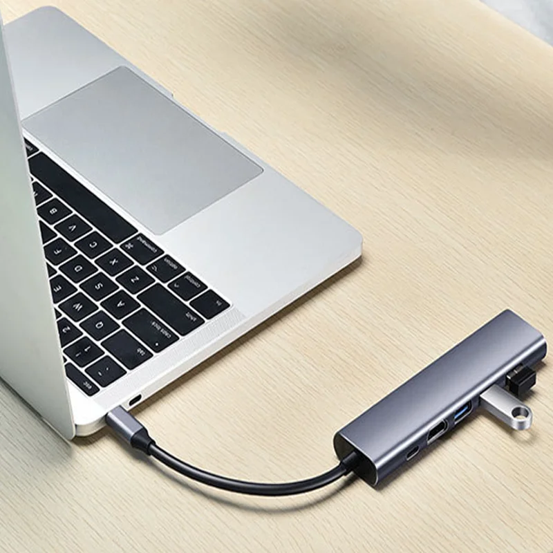 Type C to 6 in 1 HDTV Gigabit Ethernet LAN RJ45 Docking Station USB 3.0 PD Charging Hub Adapter