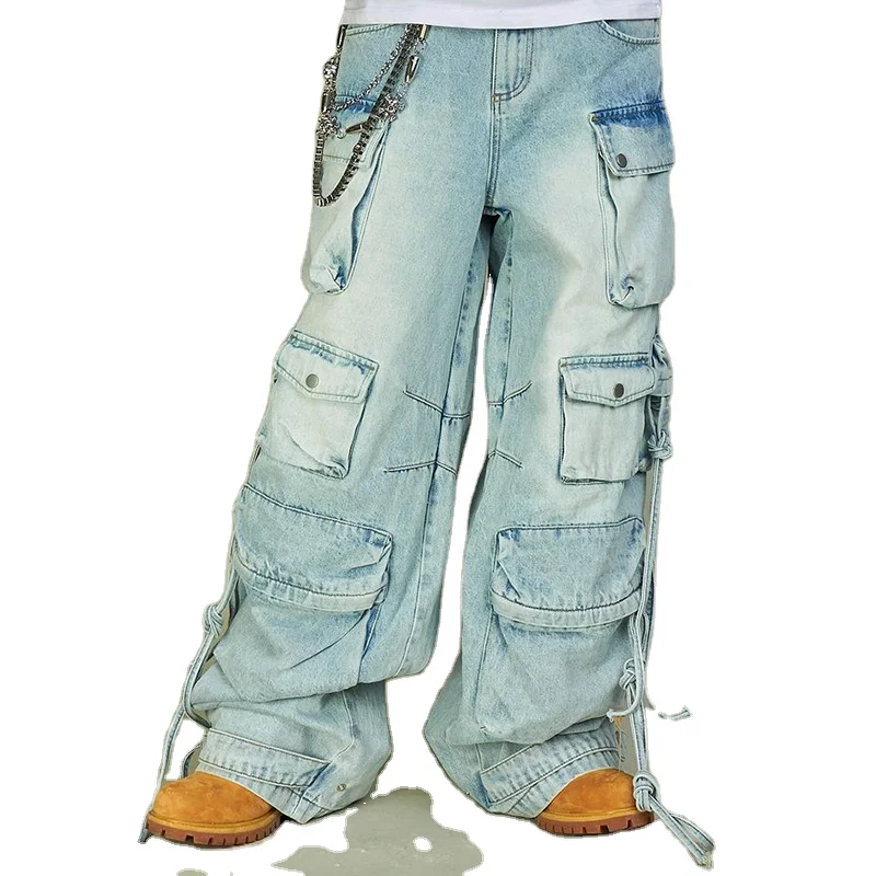 DIZNEW top selling products 2024 High quality Wide Multi pocket denim jeans men American heavy wash loose cargo jeans pants
