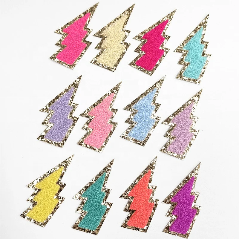 Custom Bling 0~9 Glitter Number and lightning bolts Chenille Heat Press Patches