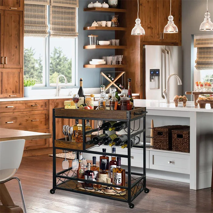 Kitchen Serving Carts for Home 3 Tier Storage Trolley with Wine Rack Glasses Holder