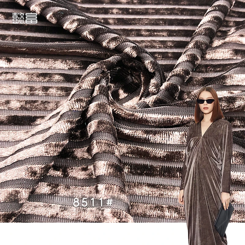 Wholesale Smooth Soft Knitted Velvet Fabric Polyester Spandex 8511# Stretch Stripe Korean Velvet Clothing Evening Gown Fabric