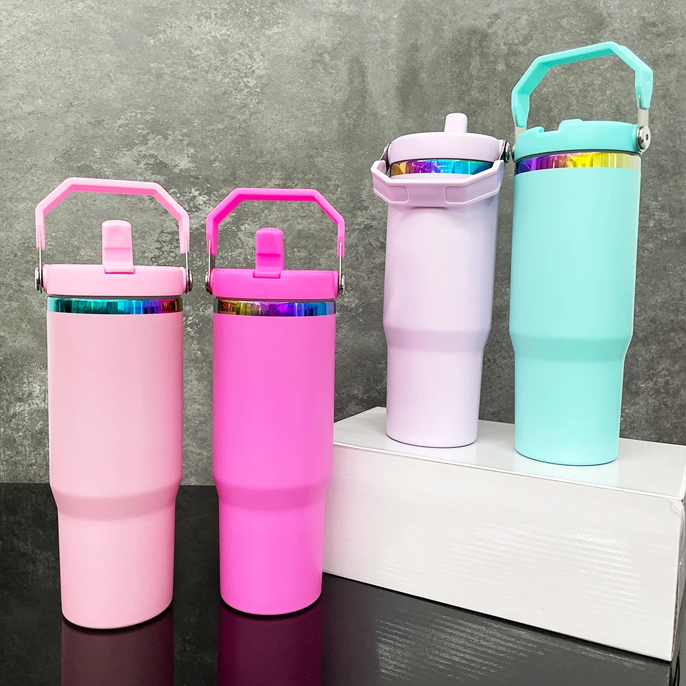 Hot sell portable 30oz sublimation rainbow plated tumbler with flip straw leak proof stainless steel water bottle with handle