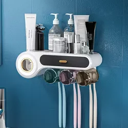 Toothbrush Holders for Bathrooms 2&3&4 Cups Toothbrush Holder Wall Mounted with Toothpaste Dispenser Automatic