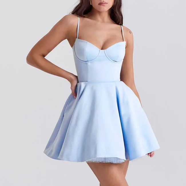 Manufacturers Customized Summer Fashion Sexy Solid Sleeveless Short Mini Spaghetti Strap Dress