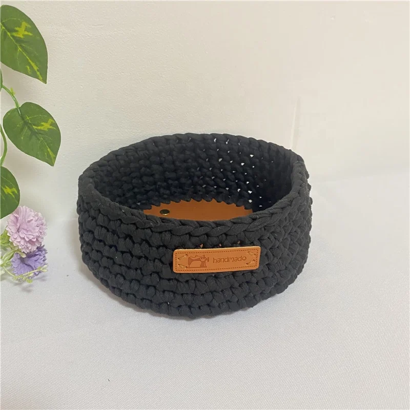 Crochet Patterns Cloth rope Woven Storage basket with PU leather bottom small goods storage organizers