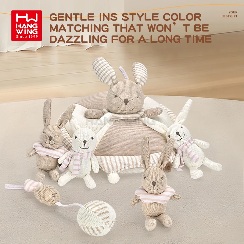 HW 0M  Infant Bed Musical Mobile Bedbell Cute Cartoon Rabbit Shape Rotating Crib Bell with Stuffed Plush Animals Hanging Toys