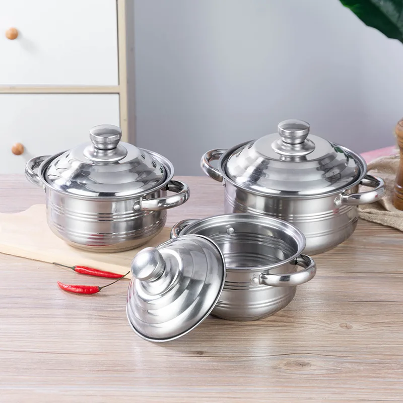 Small milk pot, stainless steel with lid, double ear pot, flat bottom, rolled edge, and flat bottom soup pot, three piece set