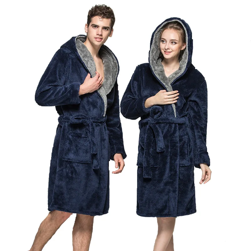 AIMINYZ Hotsale Winter Lover Couple Flannel Soft Warm Long Hooded Robes Nightgown Home Clothe Bath Robe Dressing Gowns For Adult