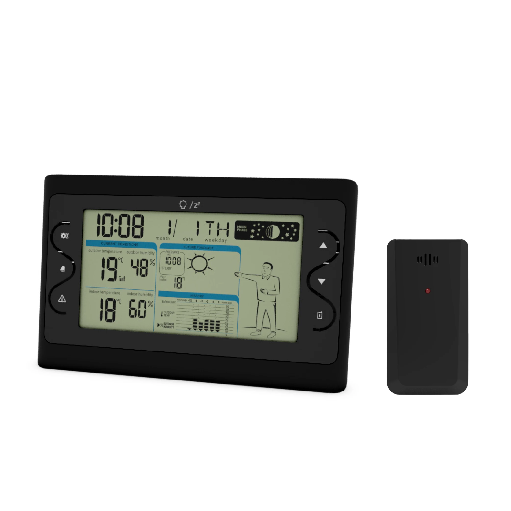 Thermometer digital alarm clock with wearing clothing index historical barometric/outdoor temperature and humidity record trends