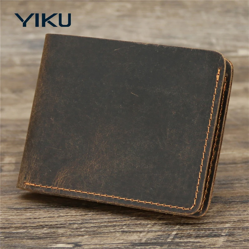 Vintage Crazy Horse Genuine Leather Wallet RFID Secure Short Purse Money Bag for Men Polyester Customized Brown Solid Open
