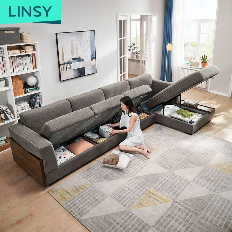 Linsy L Shape Sofa Cover Fabric Blue Grey Living Room Interior Home Furniture Corner Sectional Sofa Set With Storage Space 995
